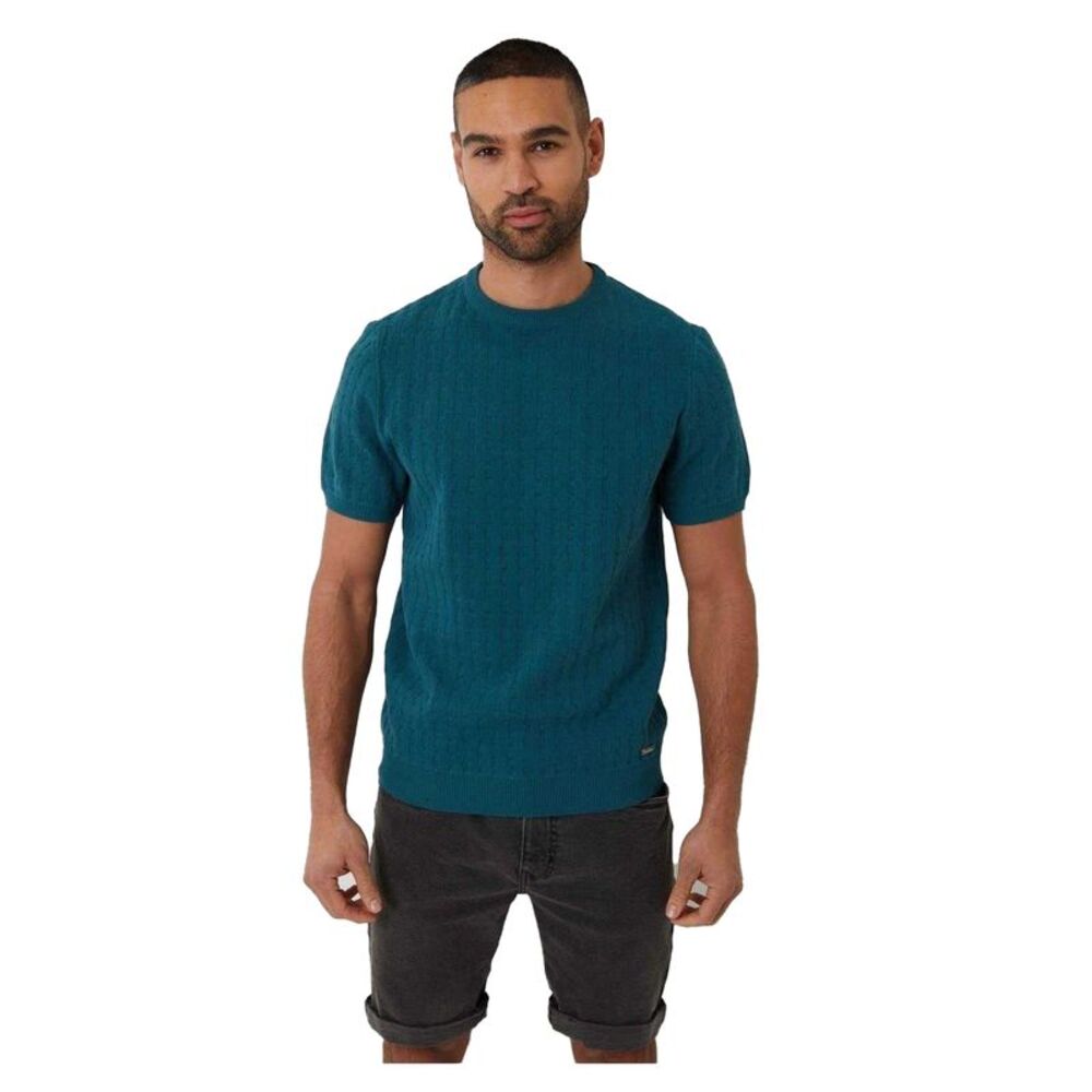 Threadbare Mens Cable Knit Crew Neck / Blue Green